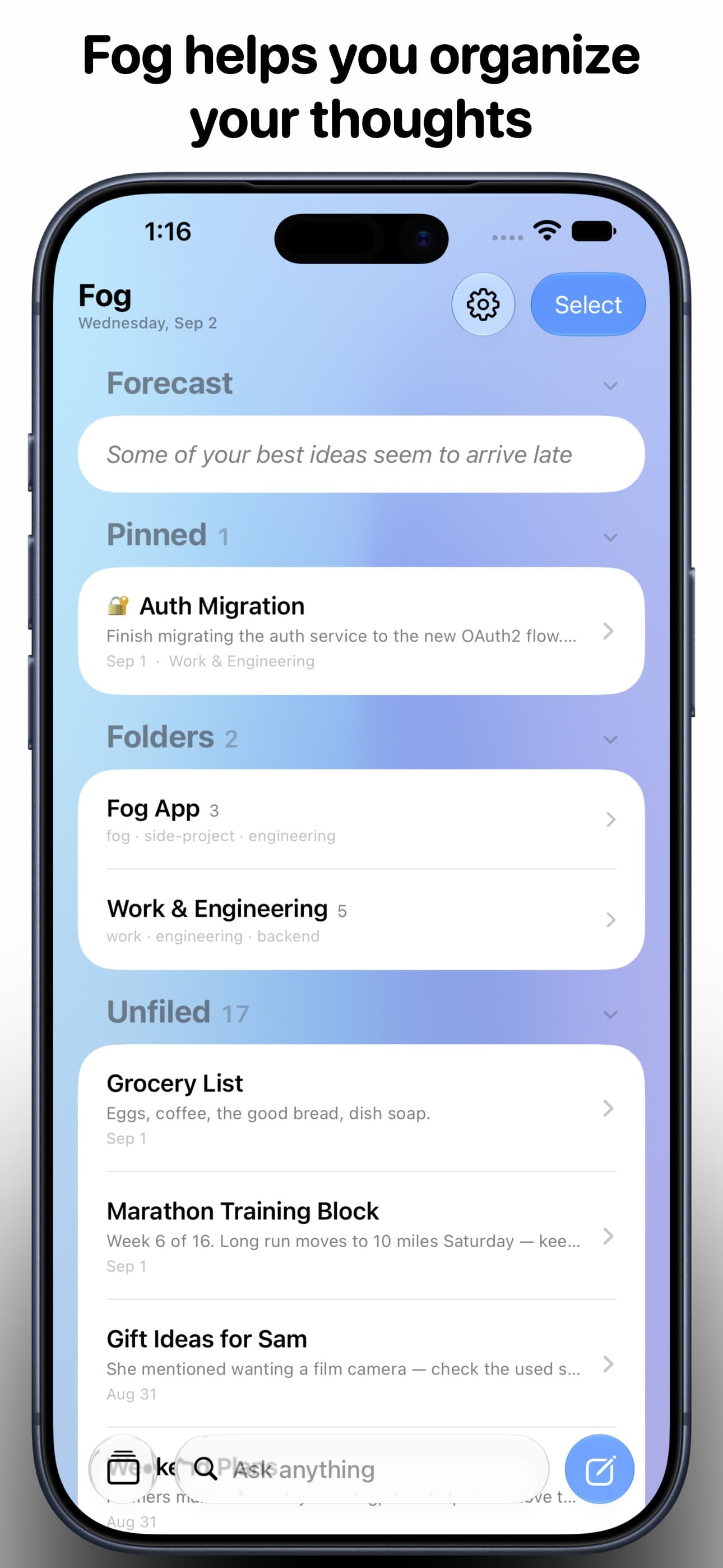 The Fog list: Forecast, Pinned, Folders and Unfiled