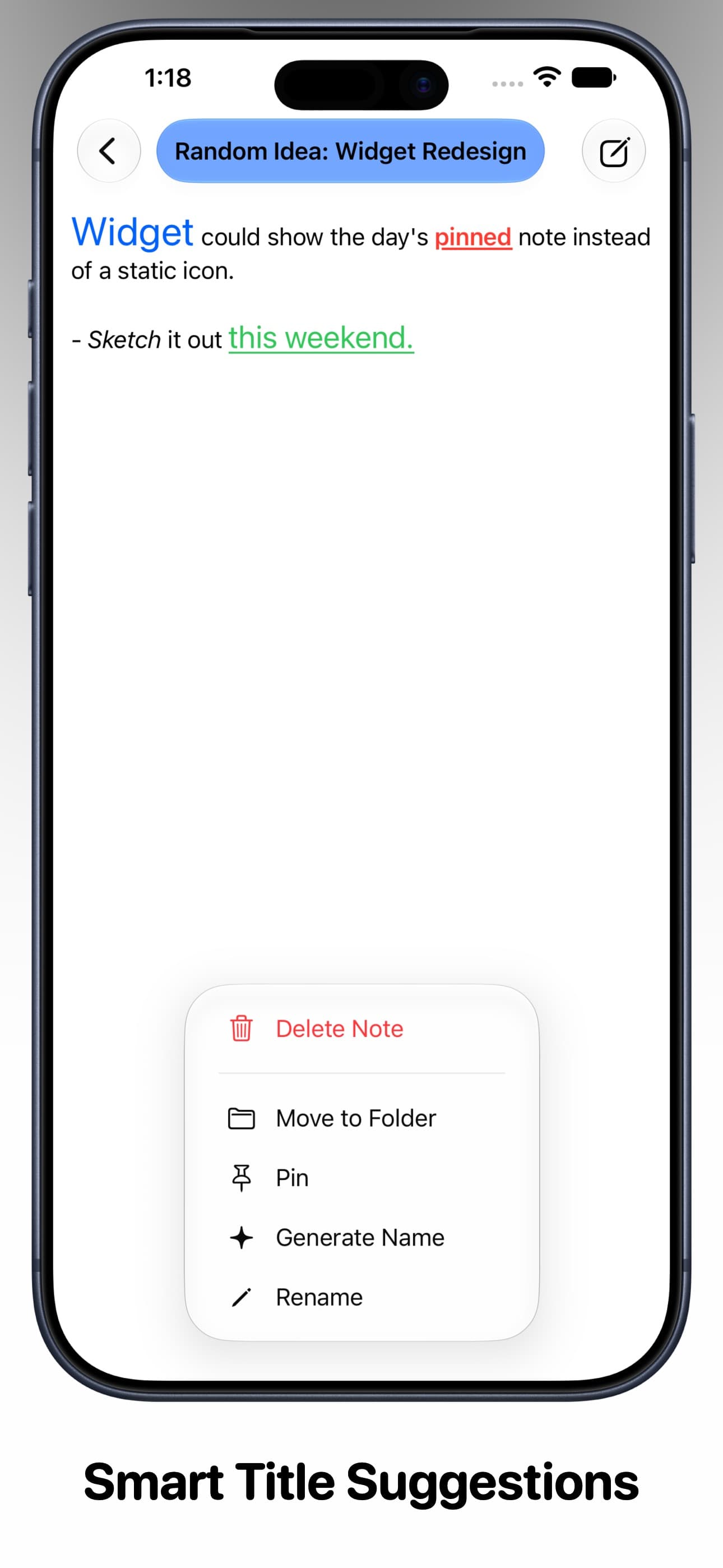A note with its suggested title and the note menu open