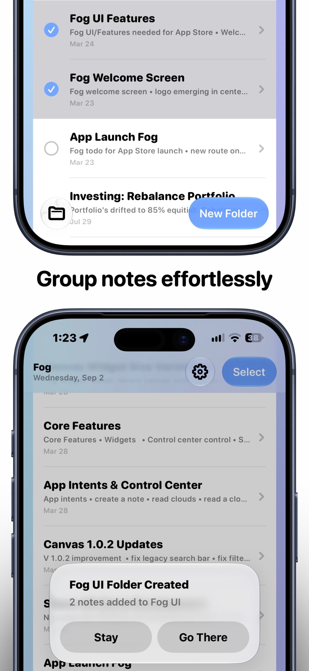 Selecting notes and grouping them into a new folder